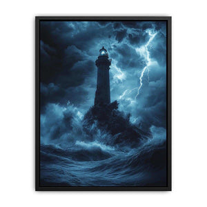 Moody blue lighthouse canvas art with lightning and storm waves for coastal room decor.
