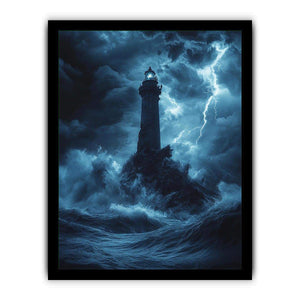 Moody blue lighthouse canvas art with lightning and storm waves for coastal room decor.