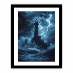 Moody blue lighthouse canvas art with lightning and storm waves for coastal room decor.
