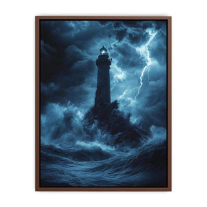 Moody blue lighthouse canvas art with lightning and storm waves for coastal room decor.