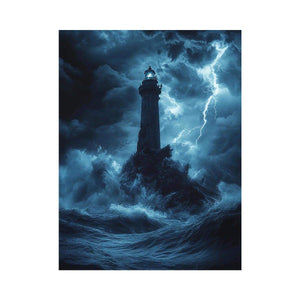 Moody blue lighthouse canvas art with lightning and storm waves for coastal room decor.