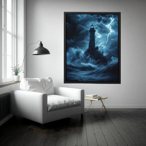 Moody blue lighthouse canvas art with lightning and storm waves for coastal room decor.