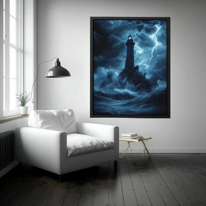 Moody blue lighthouse canvas art with lightning and storm waves for coastal room decor.