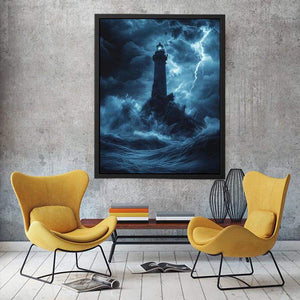 Moody blue lighthouse canvas art with lightning and storm waves for coastal room decor.
