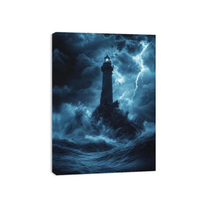 Moody blue lighthouse canvas art with lightning and storm waves for coastal room decor.