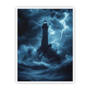 Moody blue lighthouse canvas art with lightning and storm waves for coastal room decor.