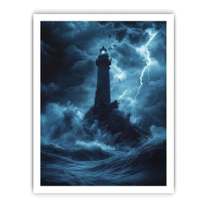 Moody blue lighthouse canvas art with lightning and storm waves for coastal room decor.