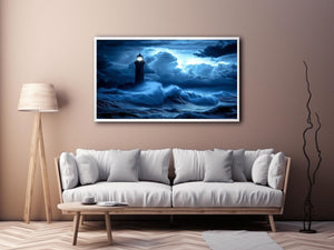 blue lighthouse canvas art with night ocean waves for coastal living room decor.