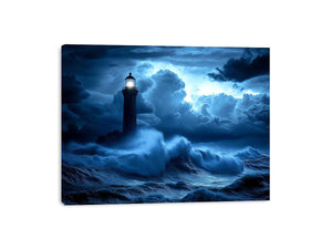 blue lighthouse canvas art with night ocean waves for coastal living room decor.