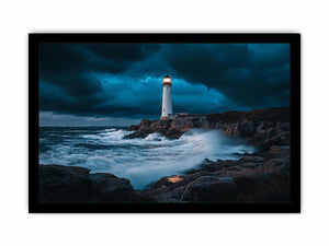 Stormy coastal lighthouse canvas art with ocean waves for modern living room decor.
