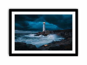 Stormy coastal lighthouse canvas art with ocean waves for modern living room decor.