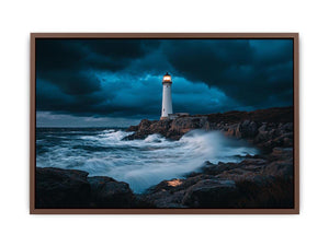 Stormy coastal lighthouse canvas art with ocean waves for modern living room decor.