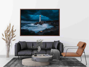 Stormy coastal lighthouse canvas art with ocean waves for modern living room decor.