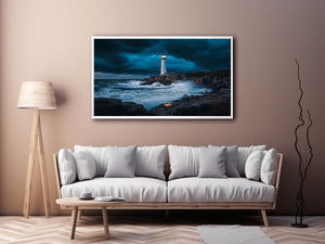 Stormy coastal lighthouse canvas art with ocean waves for modern living room decor.