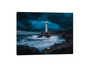 Stormy coastal lighthouse canvas art with ocean waves for modern living room decor.