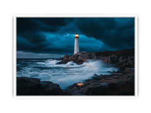 Stormy coastal lighthouse canvas art with ocean waves for modern living room decor.
