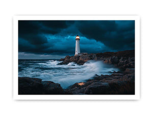 Stormy coastal lighthouse canvas art with ocean waves for modern living room decor.