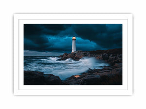 Stormy coastal lighthouse canvas art with ocean waves for modern living room decor.