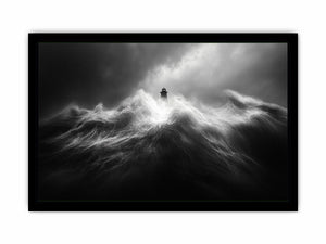Black and white lighthouse wall art with storm waves for modern office decor.