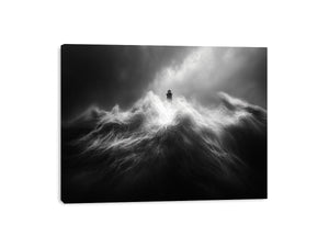 Black and white lighthouse wall art with storm waves for modern office decor.