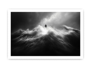 Black and white lighthouse wall art with storm waves for modern office decor.