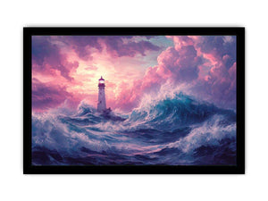 Dreamy lighthouse canvas art with purple clouds and waves for bedroom decor.