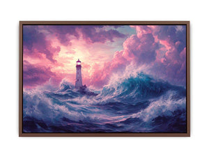 Dreamy lighthouse canvas art with purple clouds and waves for bedroom decor.