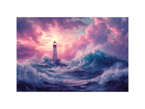 Dreamy lighthouse canvas art with purple clouds and waves for bedroom decor.