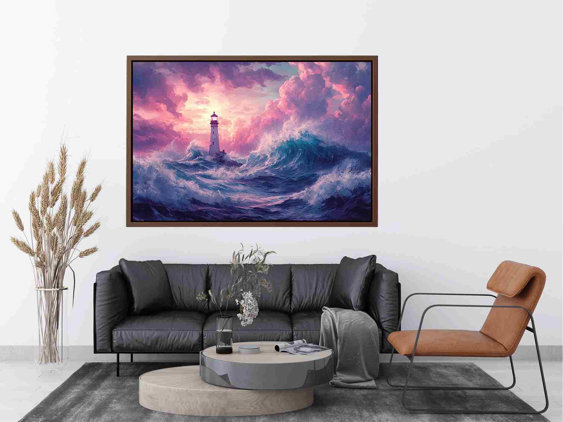 Dreamy lighthouse canvas art with purple clouds and waves for bedroom decor.