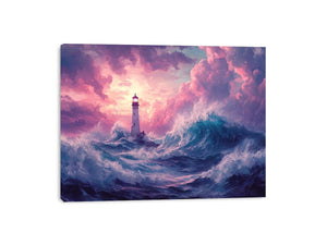 Dreamy lighthouse canvas art with purple clouds and waves for bedroom decor.