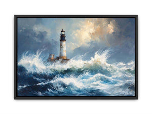 Blue coastal lighthouse canvas print with ocean waves for beach house decor.