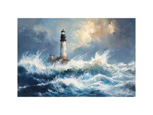 Blue coastal lighthouse canvas print with ocean waves for beach house decor.