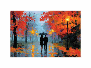 Impressionist autumn couple walking in rain with umbrella glowing lights and colorful trees romantic painting