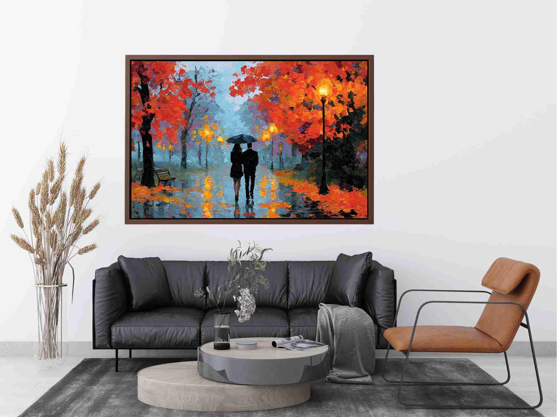 Impressionist autumn couple walking in rain with umbrella glowing lights and colorful trees romantic painting