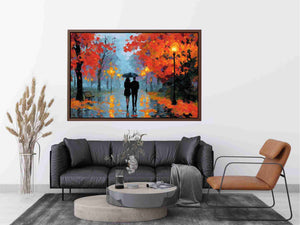 Impressionist autumn couple walking in rain with umbrella glowing lights and colorful trees romantic painting