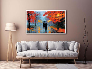 Impressionist autumn couple walking in rain with umbrella glowing lights and colorful trees romantic painting