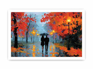 Impressionist autumn couple walking in rain with umbrella glowing lights and colorful trees romantic painting