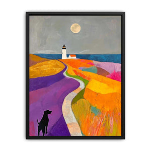 Colorful lighthouse landscape art with dog and moon for playful bedroom decor.