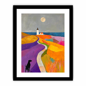 Colorful lighthouse landscape art with dog and moon for playful bedroom decor.