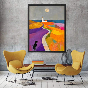 Colorful lighthouse landscape art with dog and moon for playful bedroom decor.