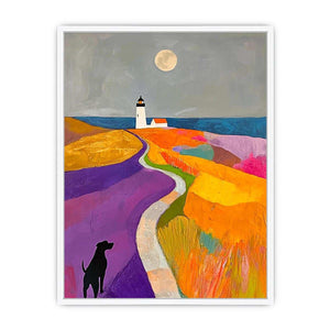 Colorful lighthouse landscape art with dog and moon for playful bedroom decor.