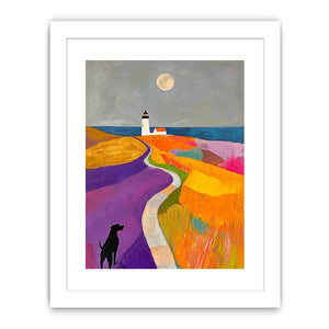 Colorful lighthouse landscape art with dog and moon for playful bedroom decor.