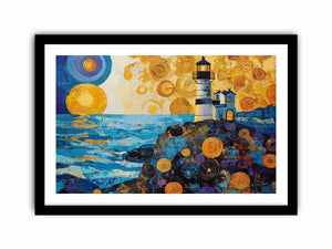 Coastal lighthouse canvas art with golden sunset and ocean waves for modern living room decor.