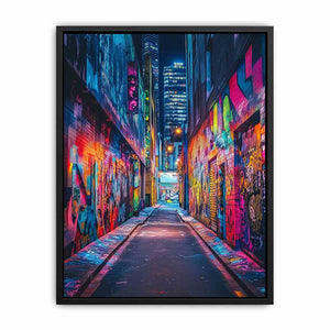 Neon graffiti alley wall art for modern loft office and urban decor.