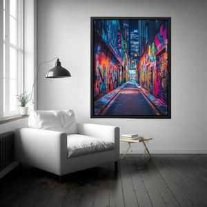 Neon graffiti alley wall art for modern loft office and urban decor.