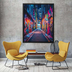 Neon graffiti alley wall art for modern loft office and urban decor.