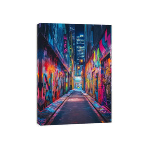 Neon graffiti alley wall art for modern loft office and urban decor.