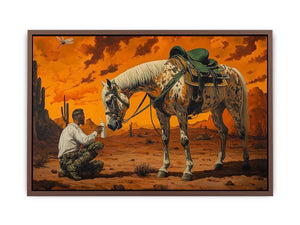 Western horse and cowboy canvas art with desert sunset for rustic office decor.
