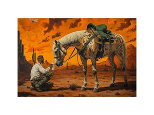 Western horse and cowboy canvas art with desert sunset for rustic office decor.