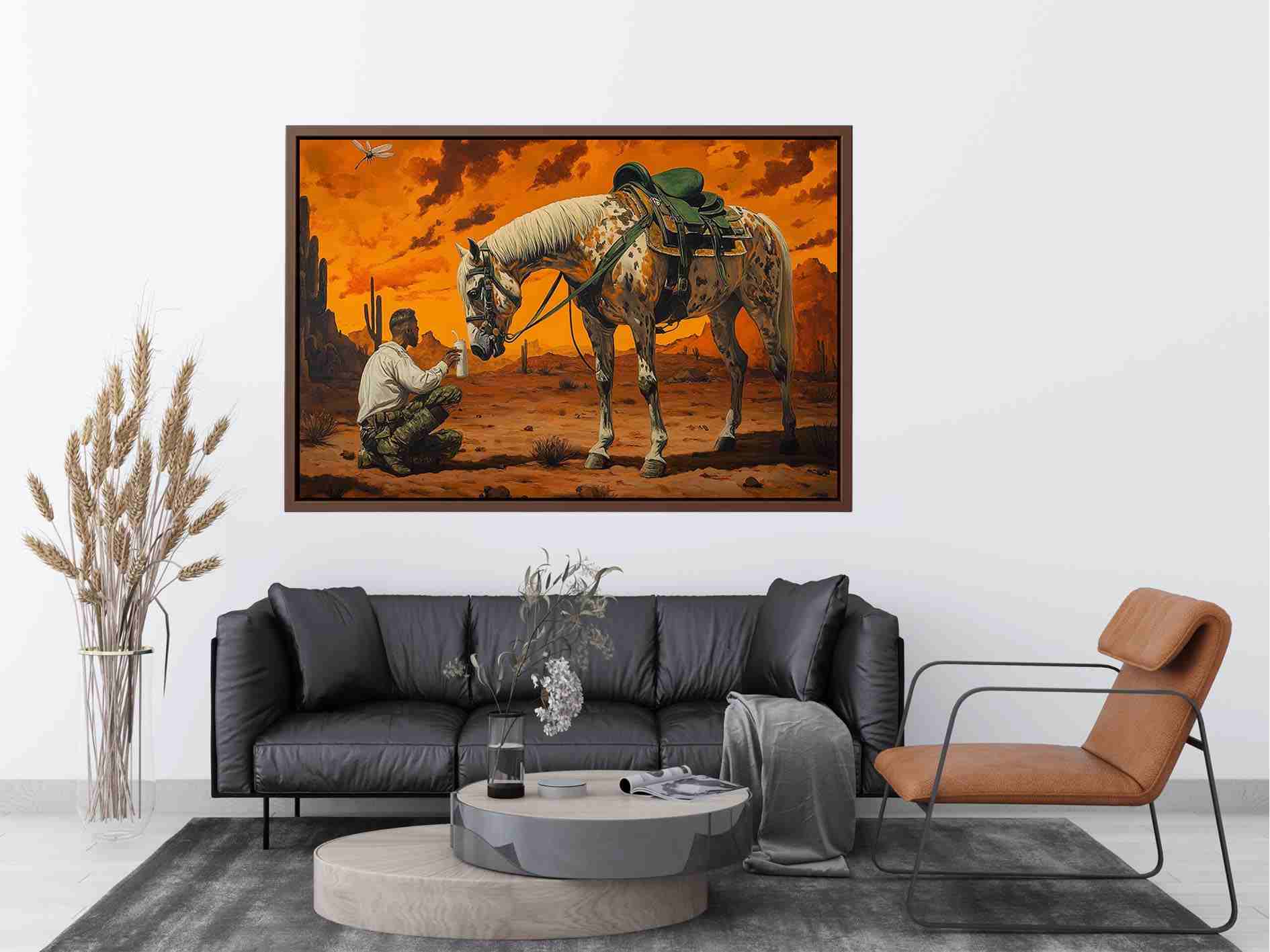 Western horse and cowboy canvas art with desert sunset for rustic office decor.